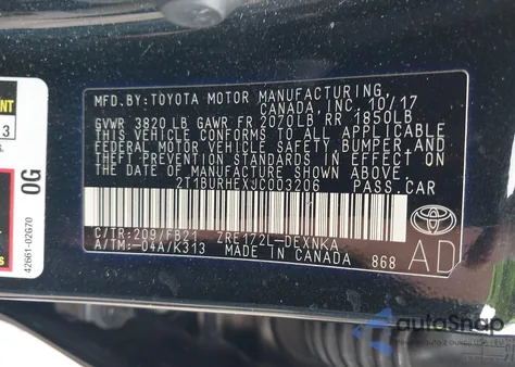 2018 Toyota Corolla Le из США, поврежденный, VIN 2T1BURHEXJC003206